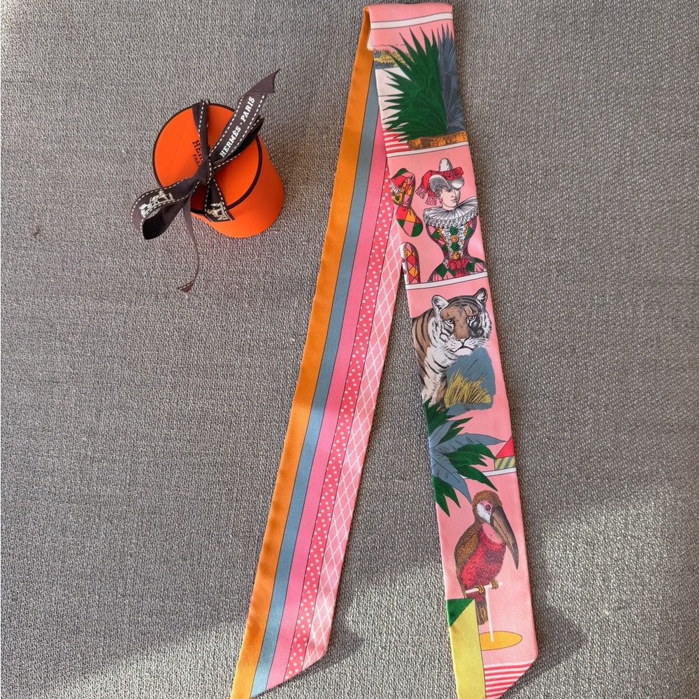 Hermes Jungle Print Silk Twilly Scarf - Pink, Orange, Yellow